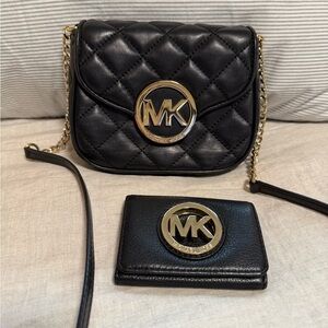 Michael Kors Black Quilted Crossbody Bag with Gold Accents and matching wallet